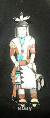 Zuni inlay Sterling Silver Turquoise Jet Shell Coral tribal dancer pin brooch
