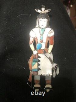 Zuni inlay Sterling Silver Turquoise Jet Shell Coral tribal dancer pin brooch