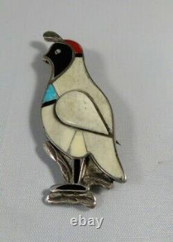 Zuni multi-stone inlay quail featuring turquoise, bone, jet/onyx sterling silver